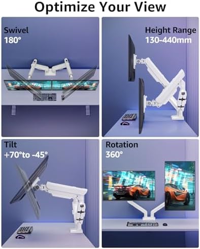 EV6012W - suporte de 2 monitores para ecrãs de 13 a 32 polegadas, suporte de 2 monitores de 2 a 9 kg com VESA 75/100 mm, braço a gás com inclinação, rotação, cor branca