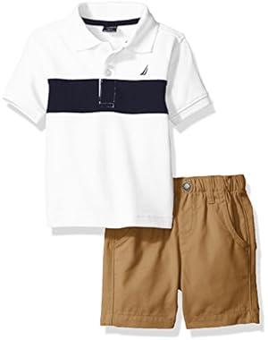 Nautica Baby Boys Stripe Polo with Pull on Short Set, White