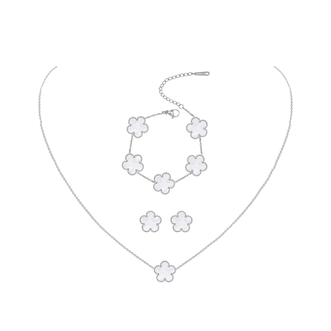 JYIXXZX Four-Leaf Clover Jewellery Set for Women Silver Stainless Steel Double-sided Four-Leaf Clover Pendant Necklace Stud Earrings Bracelet Adjustable Lucky Clover Jewelry Set Gift for Birthday (G)