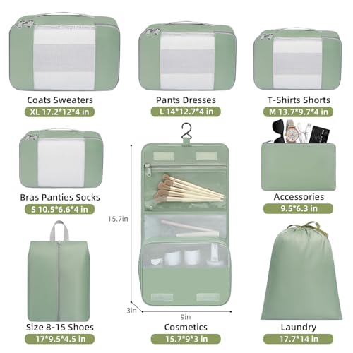 BAGAIL 8 Set Packing Cubes Various Sizes Packing Organizer for Travel Accessories Luggage Carry On Suitcase - Matcha Green