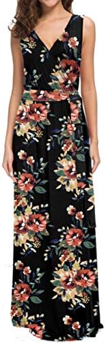 POKWAI Women Bohemian Printed Sleeveless Maxi Dress Casual Long Dress Beach Dress
