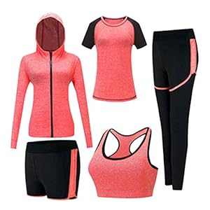 Inlefen Women’s Tracksuits Sets Sportsuit Set Soft Comfy Quick-Drying Running Jogging Gym Workout Sweatsuit 5 Piece Set Sports Bra,T-Shirt,Coat and 2 pcs Pants Ladies Sportwear Sets Yoga Clothing