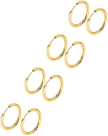 4 Pairs Unisex Stainless Steel 8mm-14mm Small Round Hoop Earrings Nose Hoop Piercing Jewelry(4 pairs gold 8mm/10mm/12mm/14mm)