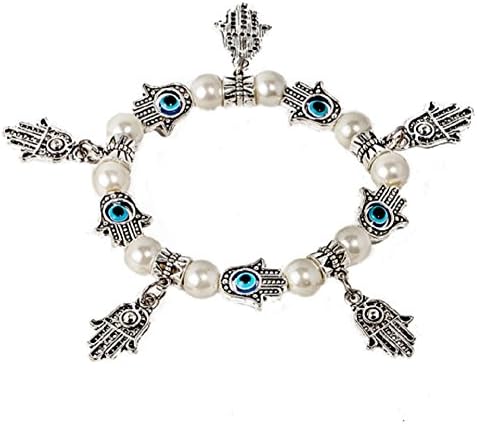 Kabbalah stretched bracelet with mother of pearl shell beads and evil eye silver plated 10 lucky Hamsa