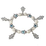 Kabbalah stretched bracelet with mother of pearl shell beads and evil eye silver plated 10 lucky Hamsa
