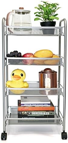 EXILOT 4-Tier Mesh Wire Rolling Cart Multifunction Utility Cart Kitchen Storage Cart on Wheels, Steel Wire Basket Shelving Bathroom Trolley,Easy moving (silver)