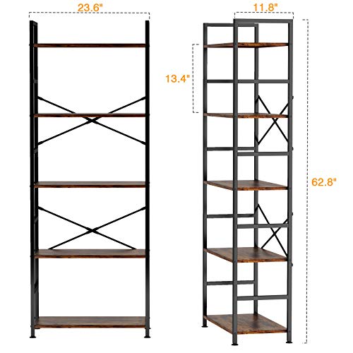 CosyStar 5Tier Tall Bookcase, Rustic Wood and Metal Standing Bookshelf