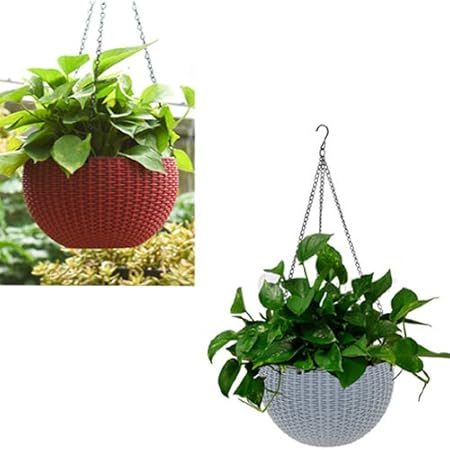 Antier (Maroom and Grey) 2 pcs Round Plastic Resin Chain Basket Hanging Planter Hanging Flowers and Plants,Growers