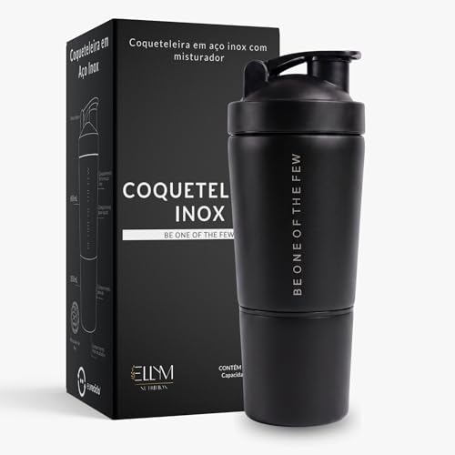 Coqueteleira Aço Inox 600ml com Compartimento Inferior ELLYM NUTRITION Misturador Ideal Shakes (Preto)