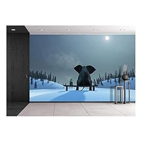 Elephant and Dog at Christmas Night - Removable Wall Mural | Self-Adhesive Large Wallpaper - 66x96 inches