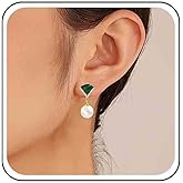 Allereyae Vintage Malachite Triangle Earrings Pearl Drop Earrings Gold Crystal Triangle Stud Earrings Dangle Pearl Earrings Jewelry for Women