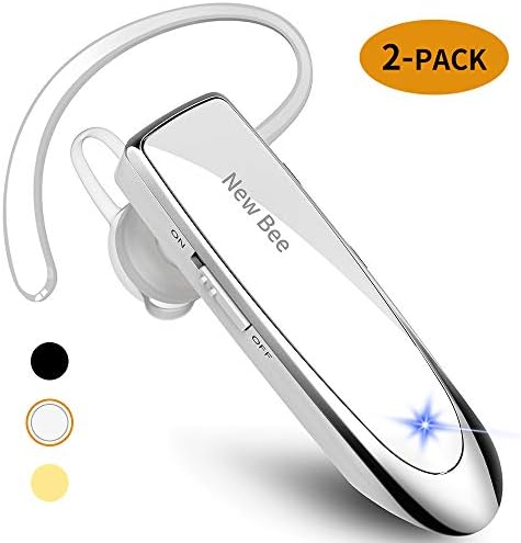 [2 Pack] New bee Bluetooth Earpiece V5.0 Wireless Handsfree Headset 24 Hrs Driving Headset 60 Days Standby Time with Noise Cancelling Mic Headsetcase for iPhone Android Laptop Truck Driver(White)