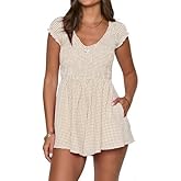 Chunersha Summer Gingham Romper for Women 2025 Dressy Casual Beach Vacation Short Plaid Smocked Jumpsuit