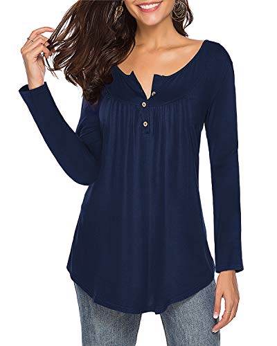 Sarin Mathews Womens Shirts Casual Tee Shirts V Neck Long Sleeve Button Up Tunic Tops Blouses Navy M