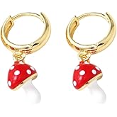 3D Mushroom Small Hoop Dangle Drop Earrings for Women Minimalist Funny 18K Gold Plated Red Enamel Charm Dangling Huggie Hoops Hypoallergenic Jewelry for Party Holiday