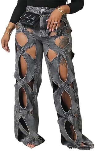 xxxiticat Women's Hollow Out Denim Pants High Waist See Through