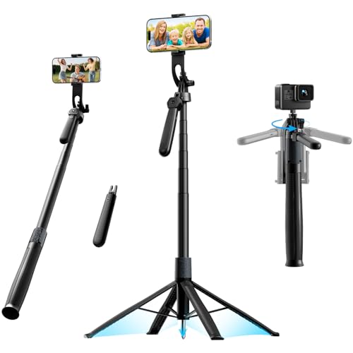 Basike Tripé para Celular 1,84m – Bastão de Selfie Dobrável Portátil com Controle Remoto, Rotação 360°, Base Quadrúpede Reforçada, Pau de Selfie com Parafuso 1/4" Compatível com Câmeras, GoPro/iPhone