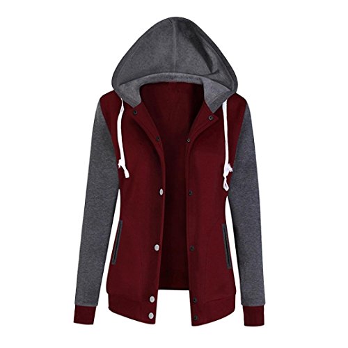Minisoya Women's Casual Hoodie Sweatshirt Ladies Hooded Coat Jacket Button Outwear Overcoat (Wine Red, L)