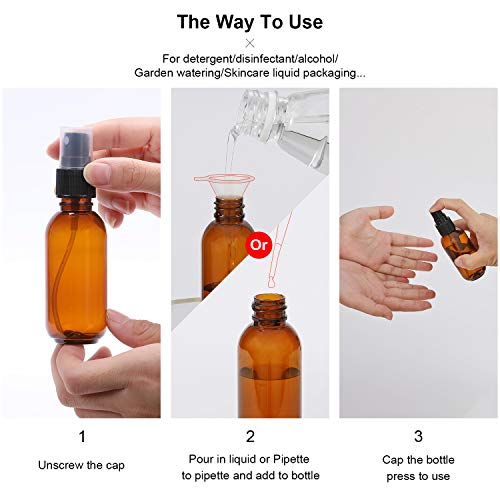 Empty Amber Plastic Spray Bottle for Water Essential Oils Perfumes with Fine Mist Nozzle&Dust Cap,Free 1 Dropper 1 Funnel 4 Sprinkler and 4 Sticker,Easy to Carry,2 PCS 1.7oz/50ml+2 PCS 3.4oz/100ml