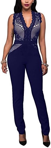 Engood Women's Sexy Deep V Neck Sleeveless Lace Mesh Club Bodycon One Piece Jumpsuit Romper Tight Overalls Leotard