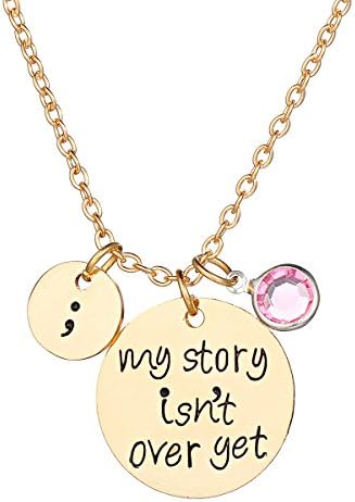 Kebaner Engraved Inspirational Jewelry Letter My Story Isn't Over Yet Semicolon Crystal Charm Necklace