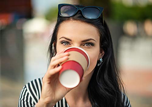 110 Pack Disposable Coffee Cups with Lids - Premium Quality 16 oz To Go Coffee Cups with Sleeves, Tight Lids to Prevent Leaks & Straws - This Paper Hot Cup Holds Shape With Hot Drinks - Cherry Red