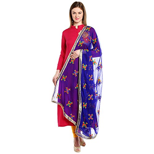 Dupatta Bazaar Indian Phulkari Embroidered Chiffon Dupatta Stole for Women/ Designer Ethnic Lace Border Scarf Shawl/Chunni,Blue