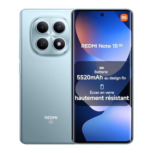 REDMI Note 15 5G, Smartphone 8+256Go, Design Ultra Fin, Résistance à l'eau IP65, Appareil Photo Ultra-Net 108 Mpx, Écran FHD+ 6,77", Bleu, Garantie 2 Ans, Chargeur Non Inclus
