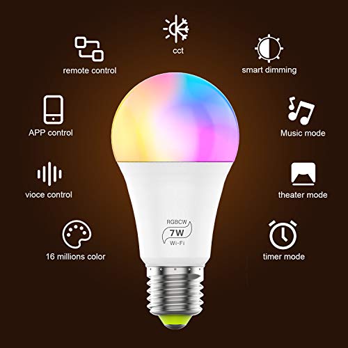 Smart WiFi Light Bulb, Dimmable RGB Multi-Color LED Light Bulb 60 Watt Equivalent 2700K-6500K Sync to Music Works with Alexa, Echo, Google Home for Home Decor, Stage, Party(4 Pack)