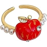 OIDIMS Red Apple Ring for Women 14K Gold-Tone Plated Adjustable Open Band Dainty Stackable Fruit Rings Cute Comfort Fit Finger CZ Pearl Sweet Graduation Jewelry for Teacher Best Friend