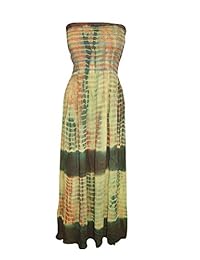 Mogul Womens Dress Printed Sari Yellow Green Smocked Strapless Flared Fall Fashion S