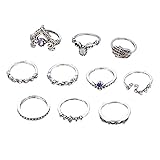 RoseSummer Beach Jewelry Bohemian Vintage Diamond Crown Hollow Carved Ring Set (Sliver)