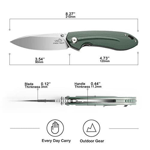 FreeTiger Pocket Knife for EDC D2 Satin Blade G-10 Outdoor Camping Hunting Folding Flipper Knife Ideal Tool Gift For Men Women (Green)