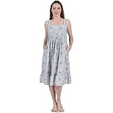 LA CERA Women's Pleat Front Cotton Chemise Nightgown With Flounce, Scoop Neckline, Side Pockets, Machine Wash