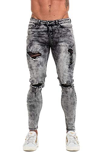 Men Skinny Jeans Black Ripped Stretch Jeans Pants Slim Fit with Gold Tape 28