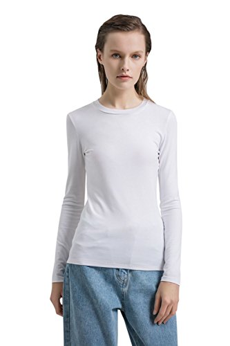 Women Basic Long Sleeve Crew Neck Comfy Layering Slim Fit Stretch Henley Tees Shirts Top White