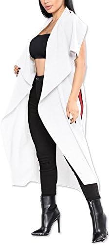 Fashion Cluster Women's Summer Sleeveless Cover Up Thin Lightweight Waterfall Belted Open Long Loose Chiffon Maxi Cardigan Trench Coat White S