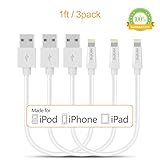 Kinps Apple MFi Certified Lightning to USB Cable 1ft/0.3m iPhone Charger Cord Super Long for iPhone 7 / 7 Plus / 6S / 6S Plus / 6 / 6 Plus / SE / 5S / 5, iPad Pro / Air / Mini (White, 3 Pack)