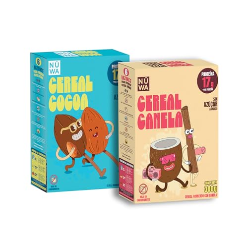 NÜWA 2MixPack Cereal Keto- Cereal con delicioso sabor a cacao o canela, almendras, coco y cacahuate - Alto en proteína y fibra - Sin azúcar añadida - Vegano - Ingredientes naturales y sin gluten