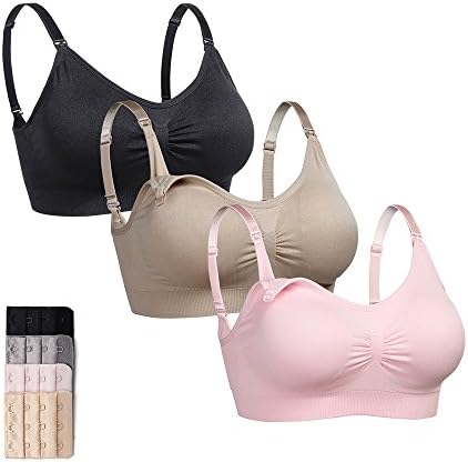 3 Pack Full Bust Seamless Padded Nursing Bra Wire-Free Push Up Maternity Support Bralette For Pregnancy Breastfeeding Sleeping, With Bra Extenders &amp; Laundry Bag
