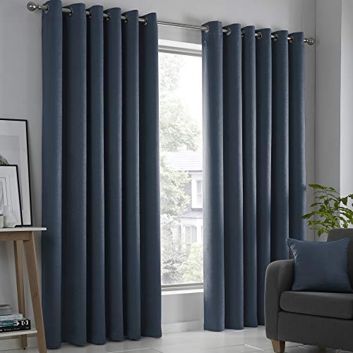Fusion Strata Thermal Eyelet Curtains – Navy Blue – W168 x L183cm – 2 Panels – Room Darkening Drapes for Bedroom & Living Room