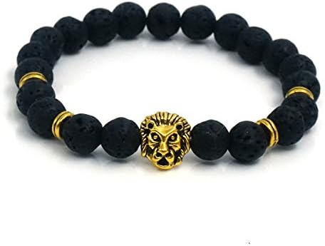 Tenfild Alloy Lion Head Volcanic Lava Stone Beaded Stretch Bracelet for Men Gold