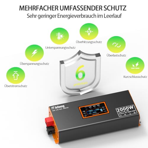 48 V 2000 W Inverter 48 V to 230 V Pure Sine Wave Voltage Converter with LCD Display 2 EU Sockets and 4 USB Type-C Ports Converter Remote Control for Motorhome Car Camping