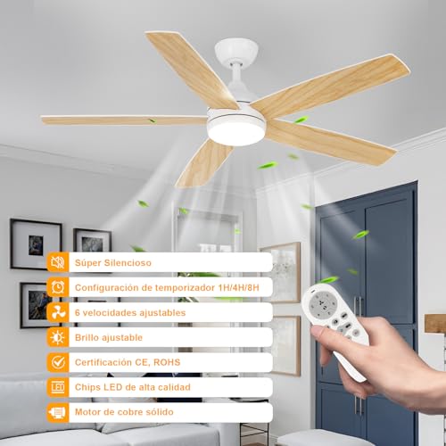 Dorlink Ceiling Fan Lamp with Remote Control, Ø132 cm, 6 Speeds, Timer, 34W DC Motor, Summer-Winter Function, Fan Lamp for Indoor Bedroom, Natural Wood Colour/White