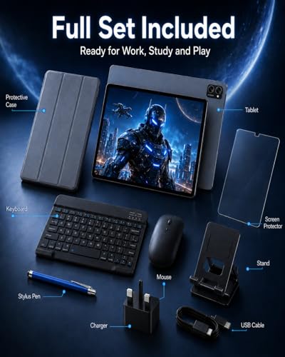 TABWEE Tablet 10 Inch Android 16 Tablet with Keyboard, 24GB RAM (8+16GB Ext.) 256GB ROM (2TB TF Expand), Octa-Core 2 in 1 Android Tablet, 5G WiFi, 5000mAh, GPS, Gemini AI, Space Gray