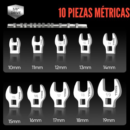 SHALL Juego de 10 llaves de pata de gallo métricas de 3/8", juego de llaves de pata de gallo de extremo abierto, medidas métricas de 10 a 19 mm, con organizador con clip