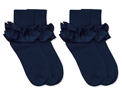 Jefferies Socks Girls Misty Ruffle Turn Cuff Socks 2 Pair Pack (S - USA Shoe 9-1 - Age 3-7 Years, Navy)