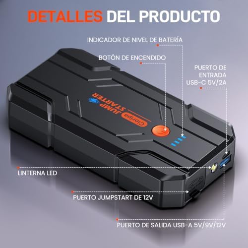 Motor de arranque de bateria de carro 14.8V-8000A com arranque de emergência para motor a gasolina 9.0L ou diesel de 8.5L, power bank portátil com carregamento rápido QC3.0, lanterna LED e pinças inteligentes