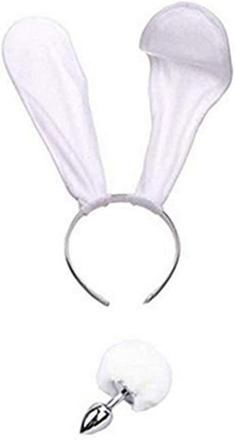 White Fluffy Plush Stainless Steel B-ütt P-l-ǔ-g Rabbit Tail & Rabbit Ears Headband Charms Cosplay 2 Pcs