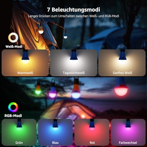Lepro Rechargeable Camping Lamp, Tent Lamp, Bulb Emergency Light with 7 Light Modes, Pack of 2 for Adventure, Fishing, Garage, Emergency, Power Outage